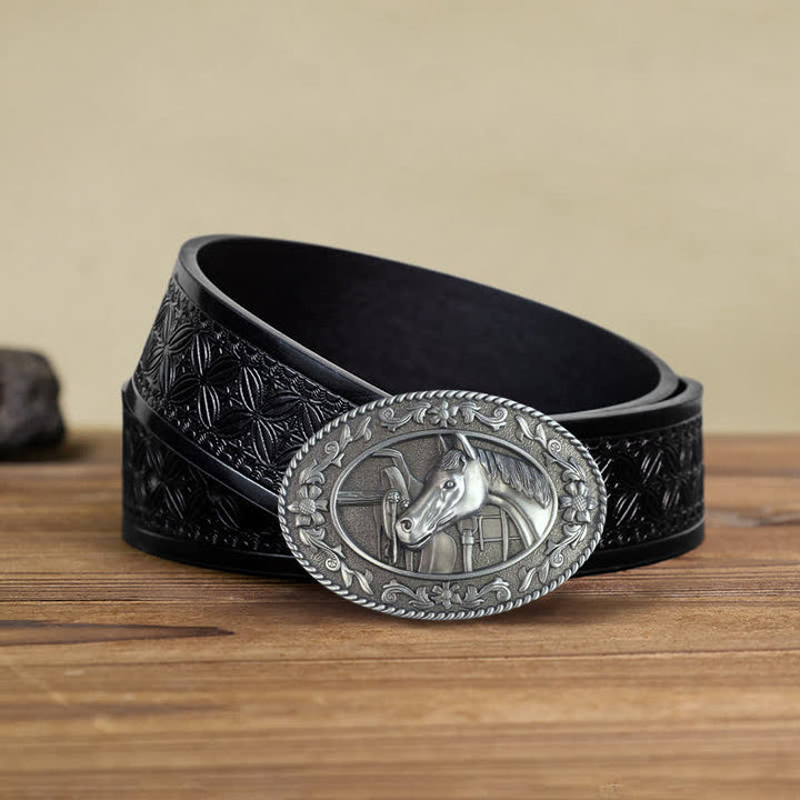 Cinturón de cuero con hebilla esmaltada y cabeza de caballo para hombre hecho a mano