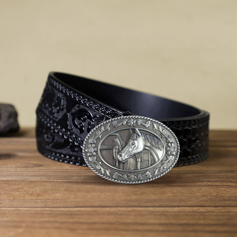 Cinturón de cuero con hebilla esmaltada y cabeza de caballo para hombre hecho a mano