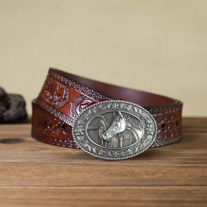Cinturón de cuero con hebilla esmaltada y cabeza de caballo para hombre hecho a mano