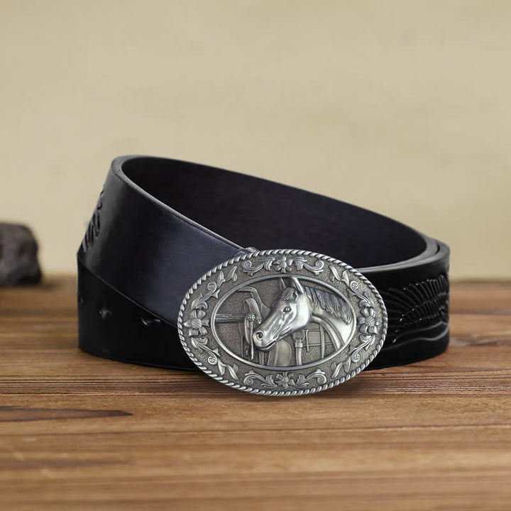 Cinturón de cuero con hebilla esmaltada y cabeza de caballo para hombre hecho a mano