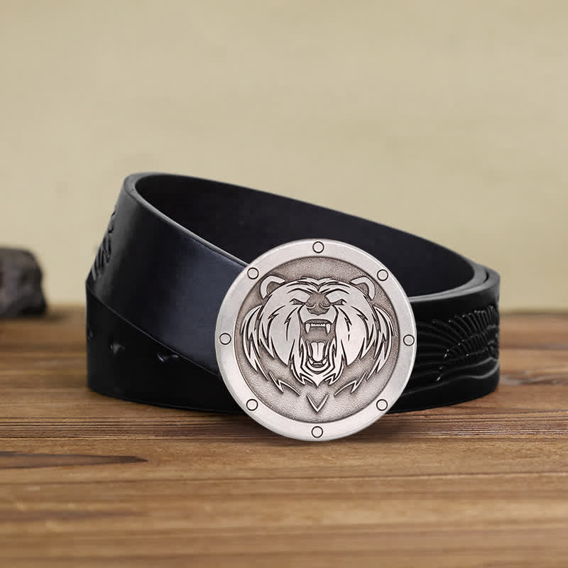 Cinturón de cuero con hebilla de cabeza de tigre estilo punk redondo para hombre