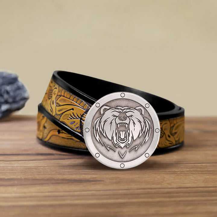 Cinturón de cuero con hebilla de cabeza de tigre estilo punk redondo para hombre
