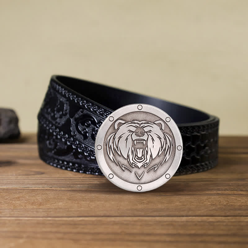 Cinturón de cuero con hebilla de cabeza de tigre estilo punk redondo para hombre