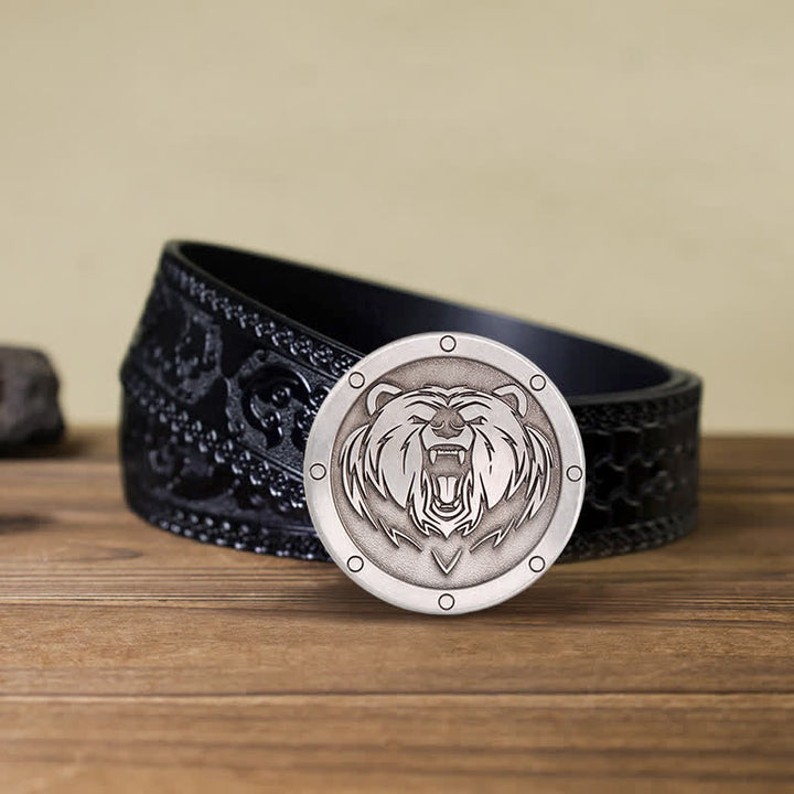 Cinturón de cuero con hebilla de cabeza de tigre estilo punk redondo para hombre