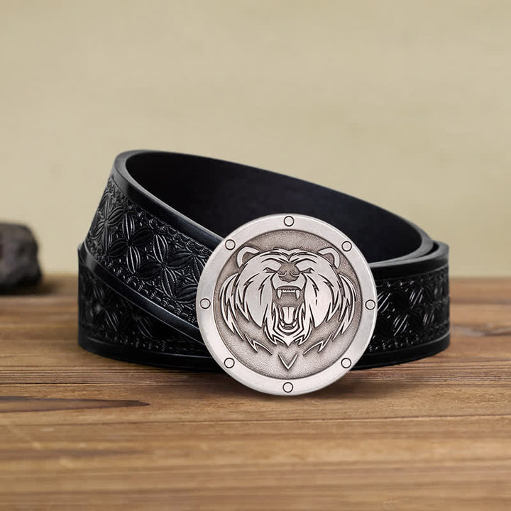 Cinturón de cuero con hebilla de cabeza de tigre estilo punk redondo para hombre