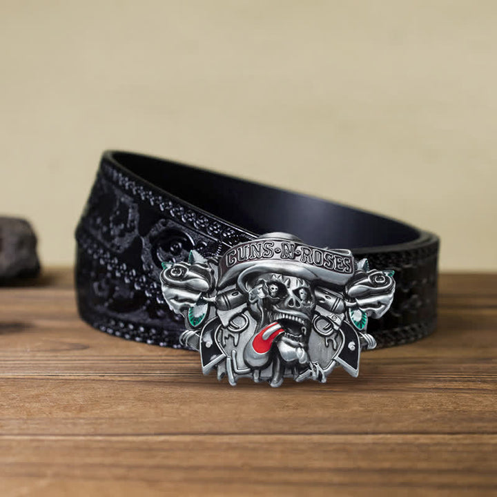 Cinturón de cuero con hebilla de calavera y rosas de Guns Roses para hombre, hecho a mano