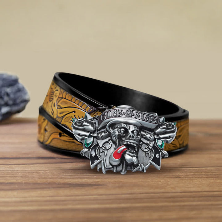 Cinturón de cuero con hebilla de calavera y rosas de Guns Roses para hombre, hecho a mano