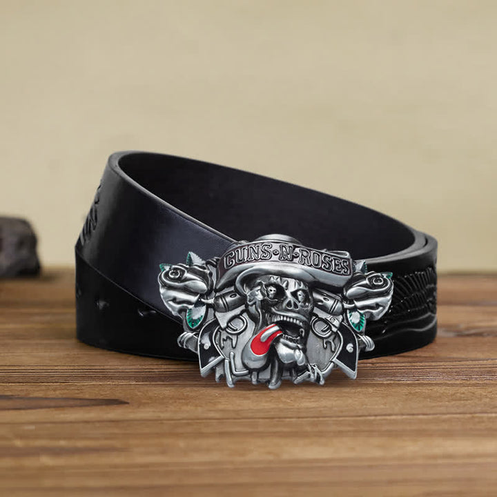 Cinturón de cuero con hebilla de calavera y rosas de Guns Roses para hombre, hecho a mano