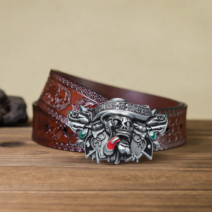Cinturón de cuero con hebilla de calavera y rosas de Guns Roses para hombre, hecho a mano