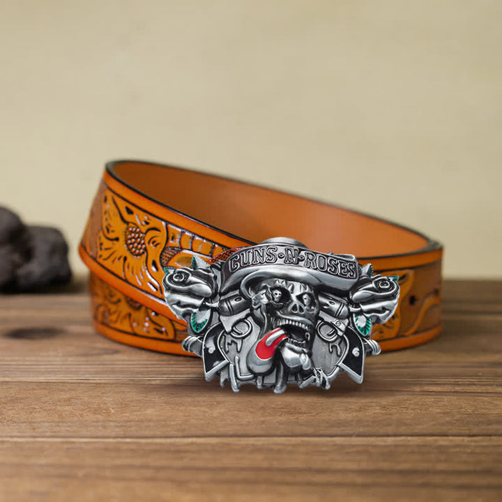 Cinturón de cuero con hebilla de calavera y rosas de Guns Roses para hombre, hecho a mano