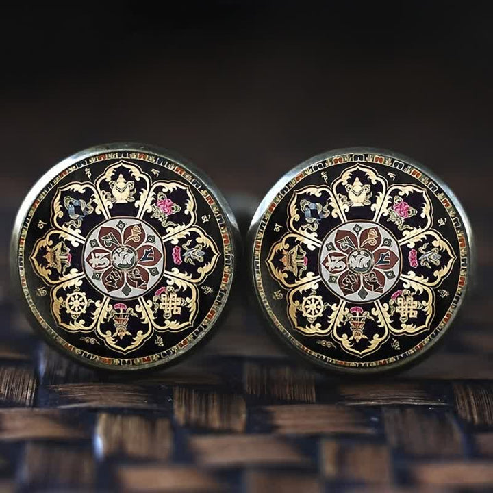 Gemelos con cúpula de cristal y diseño de flor de mandala negra para hombre