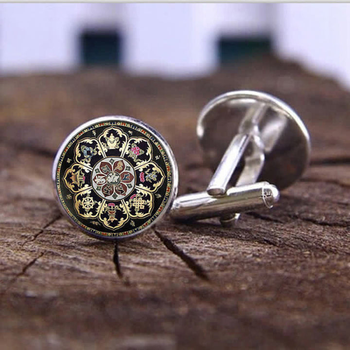 Gemelos con cúpula de cristal y diseño de flor de mandala negra para hombre