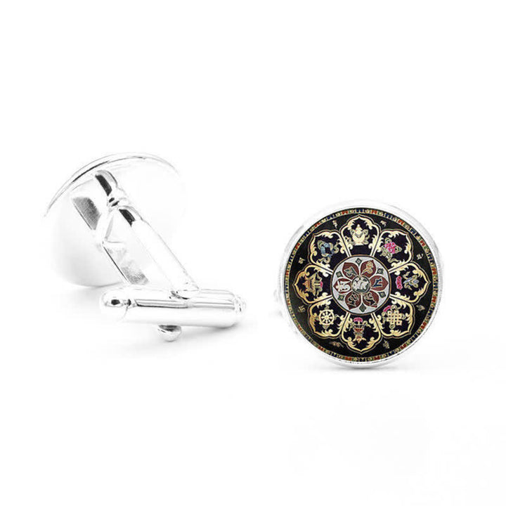 Gemelos con cúpula de cristal y diseño de flor de mandala negra para hombre