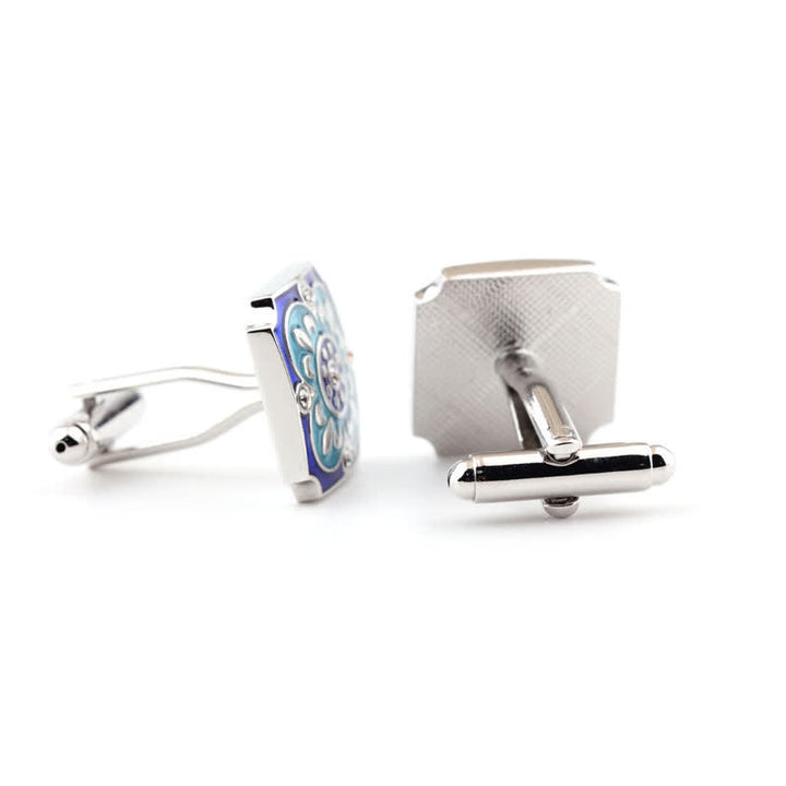 Gemelos de hombre con diseño retro de flores esmaltadas en azul y cuadrados
