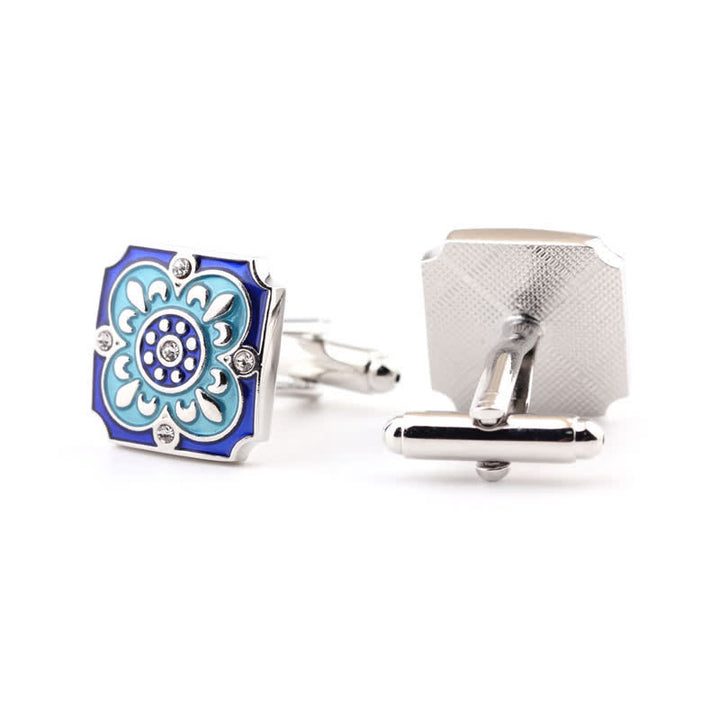 Gemelos de hombre con diseño retro de flores esmaltadas en azul y cuadrados