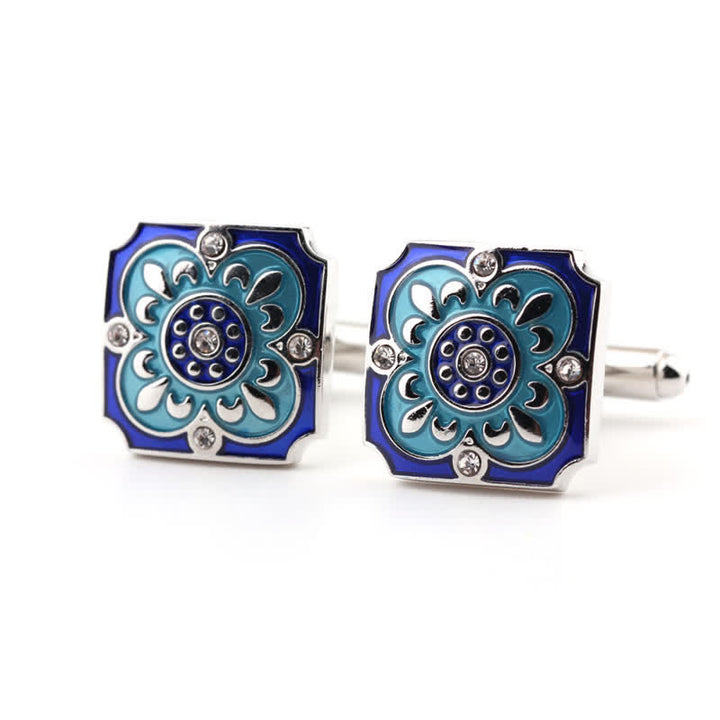 Gemelos de hombre con diseño retro de flores esmaltadas en azul y cuadrados