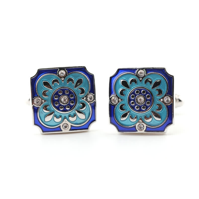 Gemelos de hombre con diseño retro de flores esmaltadas en azul y cuadrados