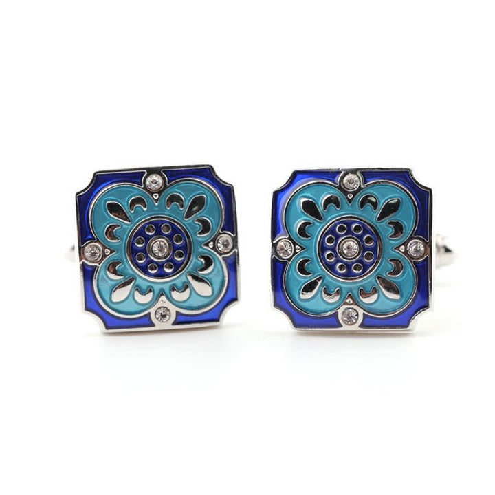 Gemelos de hombre con diseño retro de flores esmaltadas en azul y cuadrados