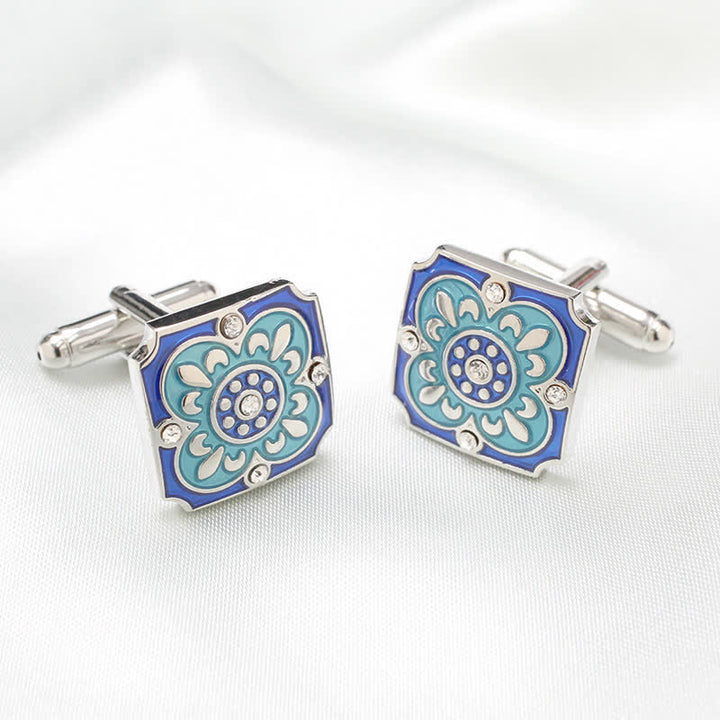 Gemelos de hombre con diseño retro de flores esmaltadas en azul y cuadrados