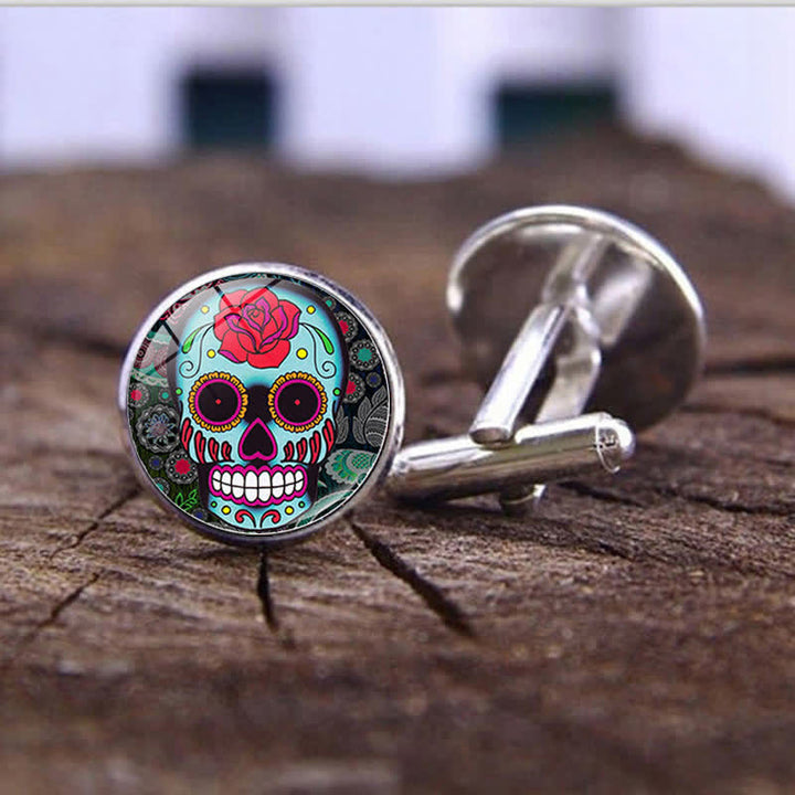 Gemelos de calavera de azúcar con diseño de arte popular mexicano para hombre