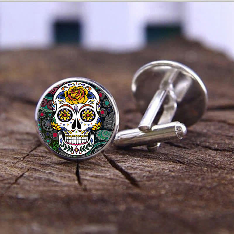 Gemelos de calavera de azúcar con diseño de arte popular mexicano para hombre