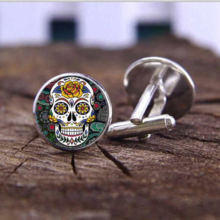 Gemelos de calavera de azúcar con diseño de arte popular mexicano para hombre