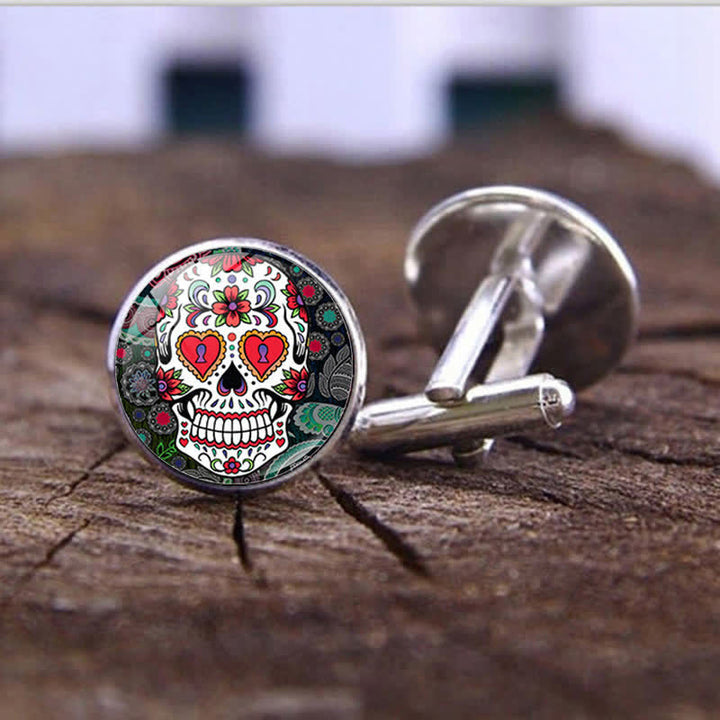 Gemelos de calavera de azúcar con diseño de arte popular mexicano para hombre