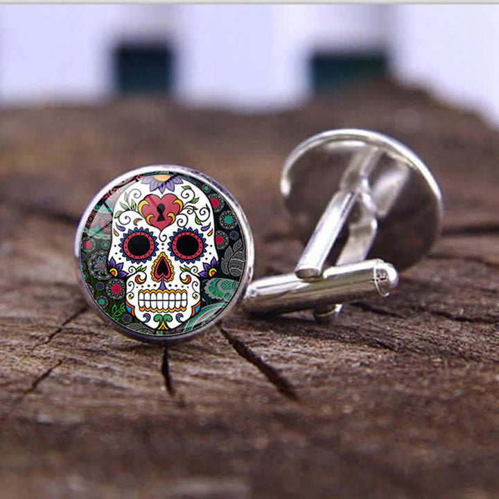 Gemelos de calavera de azúcar con diseño de arte popular mexicano para hombre