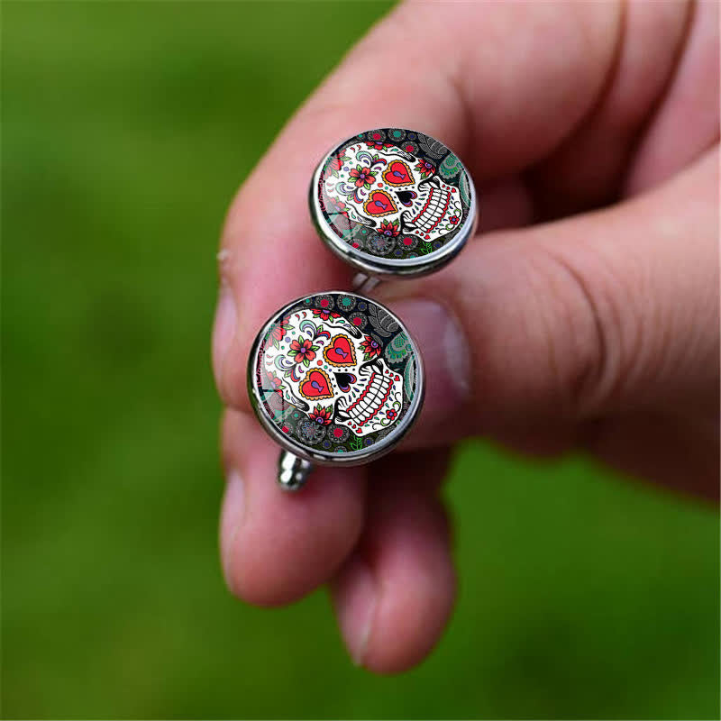 Gemelos de calavera de azúcar con diseño de arte popular mexicano para hombre
