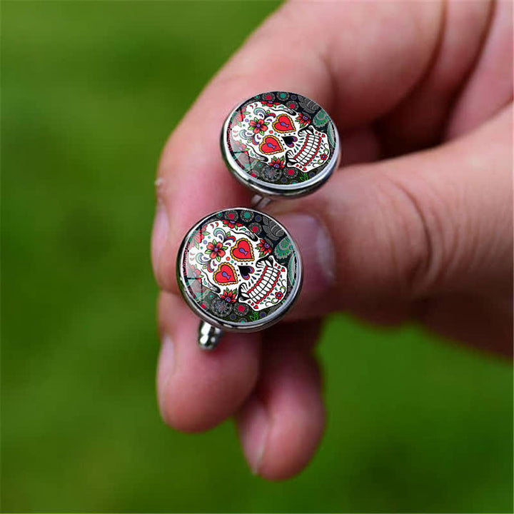 Gemelos de calavera de azúcar con diseño de arte popular mexicano para hombre