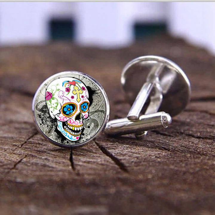 Gemelos de calavera de azúcar con diseño de arte popular mexicano para hombre