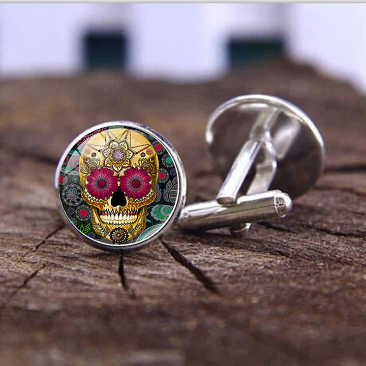 Gemelos de calavera de azúcar con diseño de arte popular mexicano para hombre