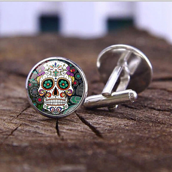 Gemelos de calavera de azúcar con diseño de arte popular mexicano para hombre