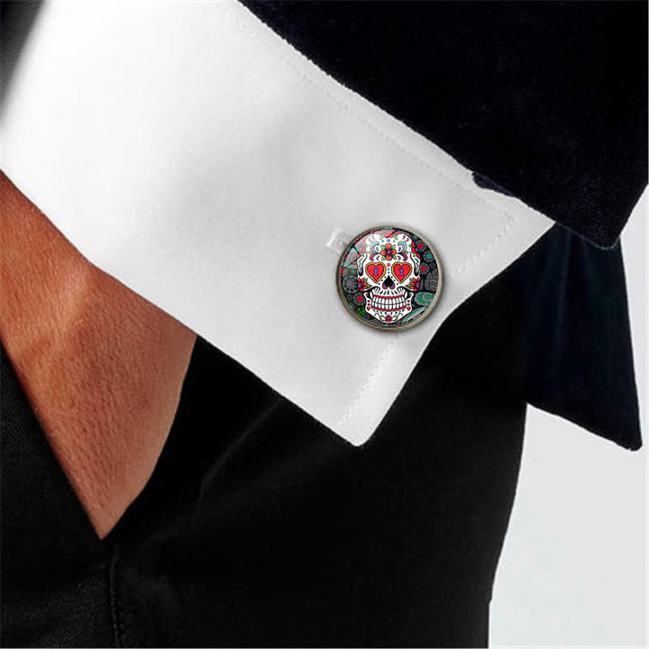 Gemelos de calavera de azúcar con diseño de arte popular mexicano para hombre