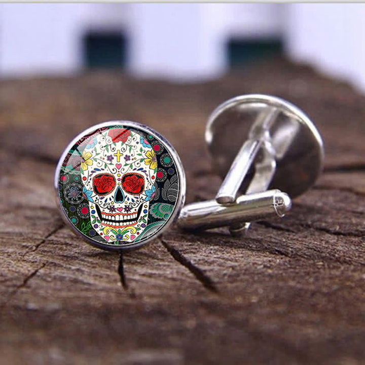 Gemelos de calavera de azúcar con diseño de arte popular mexicano para hombre