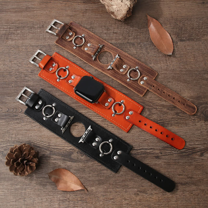 Correa de reloj inteligente de cuero genuino con decoración de anillo