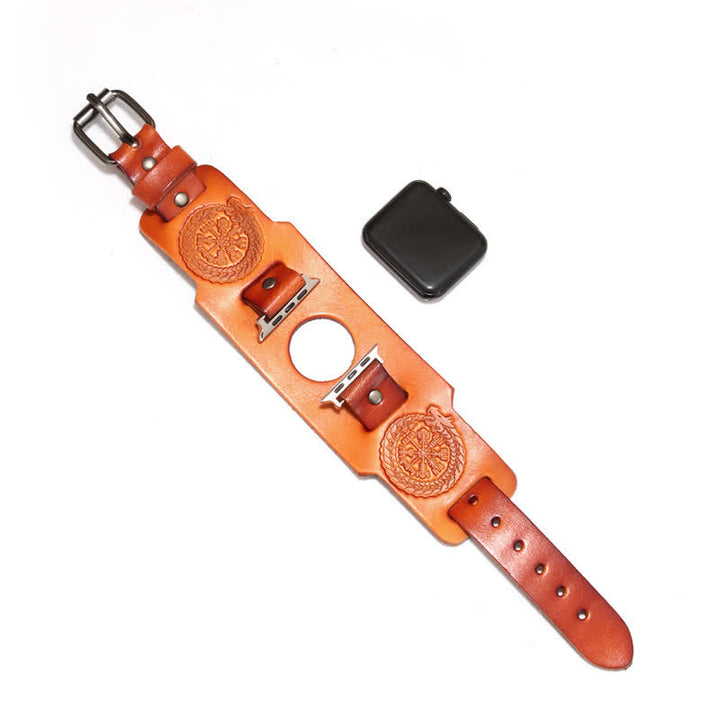 Correa de reloj de cuero con tótem de dragón y brújula vikinga
