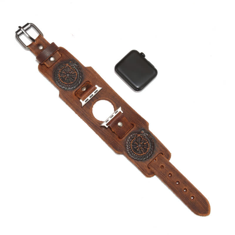 Correa de reloj de cuero con tótem de dragón y brújula vikinga