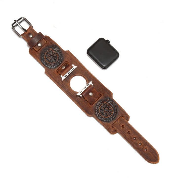 Correa de reloj de cuero con tótem de dragón y brújula vikinga