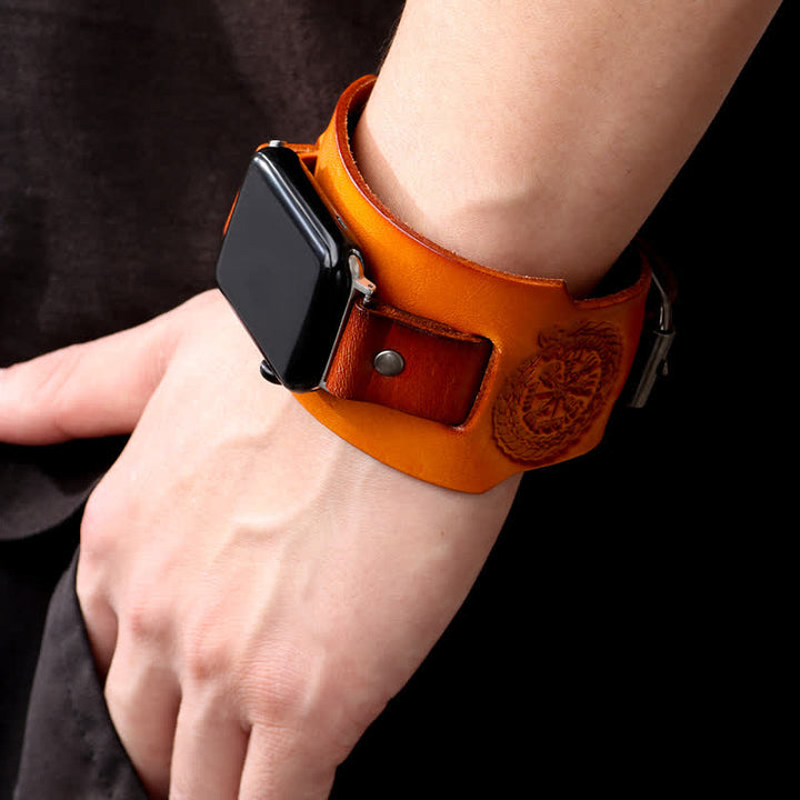 Correa de reloj de cuero con tótem de dragón y brújula vikinga