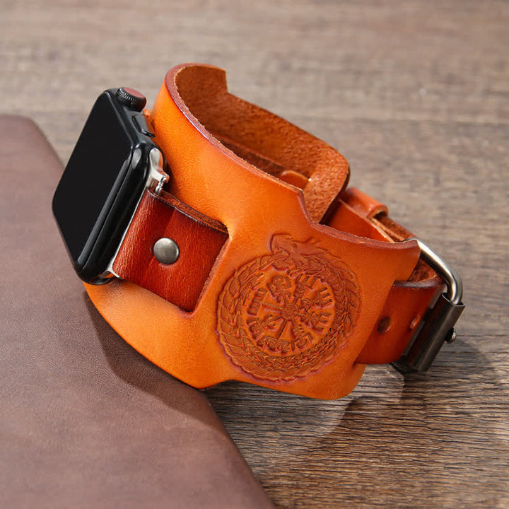 Correa de reloj de cuero con tótem de dragón y brújula vikinga