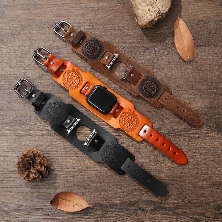 Correa de reloj de cuero con tótem de dragón y brújula vikinga
