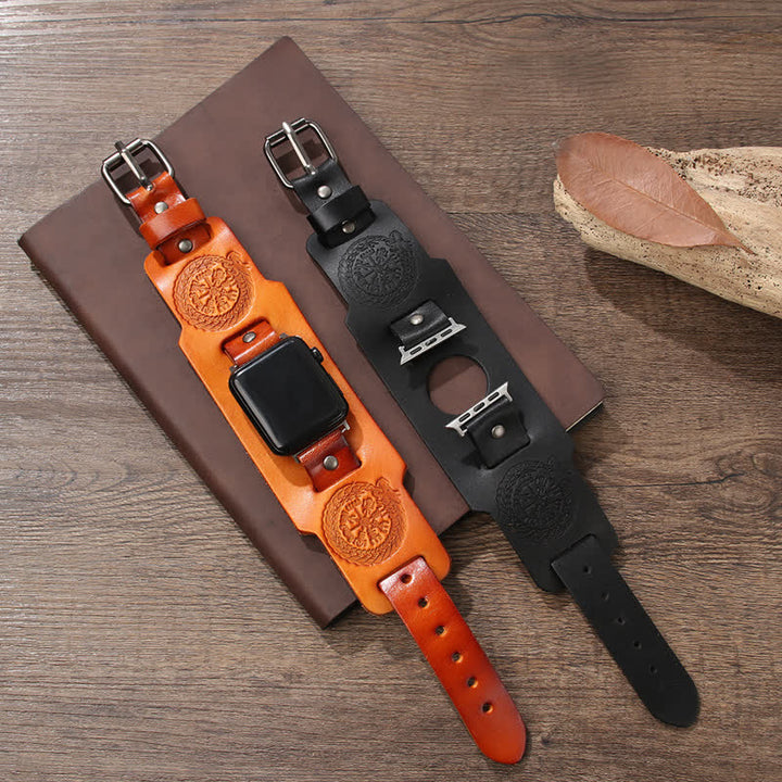 Correa de reloj de cuero con tótem de dragón y brújula vikinga