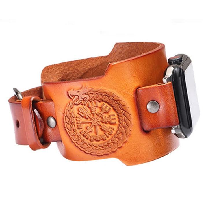Correa de reloj de cuero con tótem de dragón y brújula vikinga
