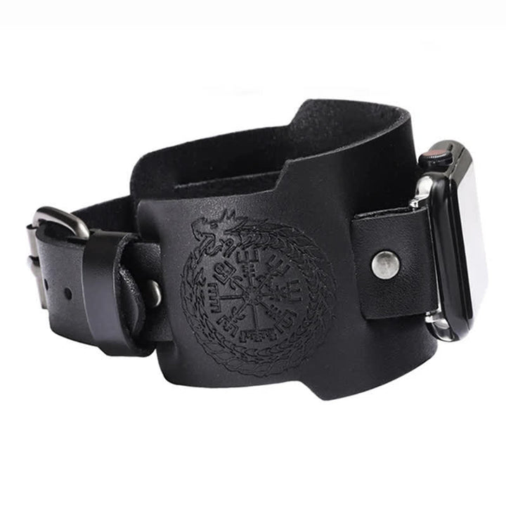 Correa de reloj de cuero con tótem de dragón y brújula vikinga