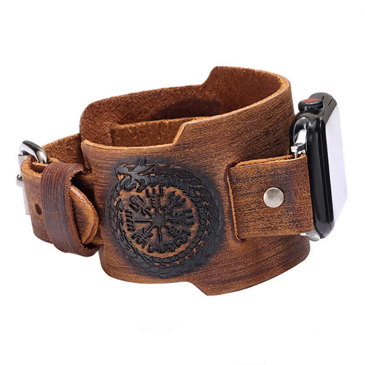 Correa de reloj de cuero con tótem de dragón y brújula vikinga