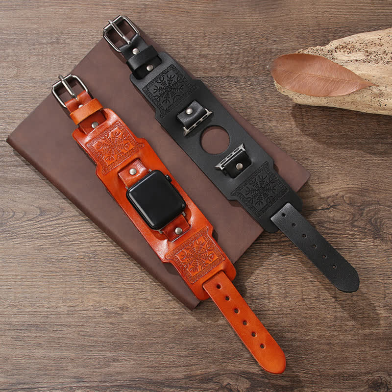 Correa de reloj de cuero con tótem y brújula vikinga en relieve