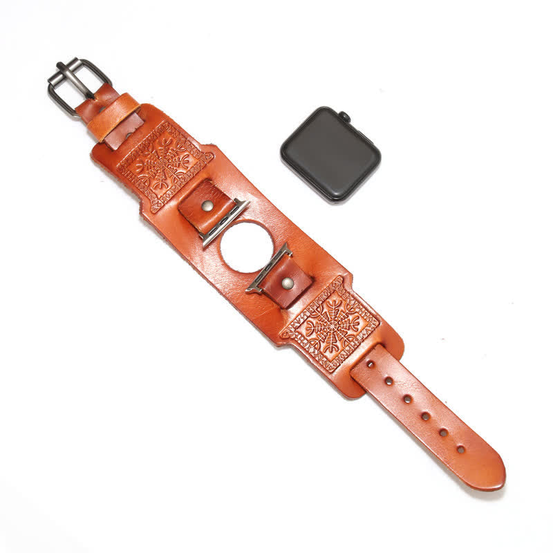 Correa de reloj de cuero con tótem y brújula vikinga en relieve