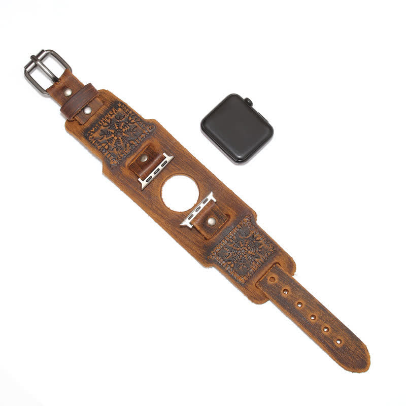 Correa de reloj de cuero con tótem y brújula vikinga en relieve