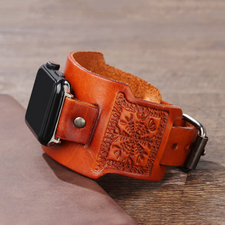 Correa de reloj de cuero con tótem y brújula vikinga en relieve